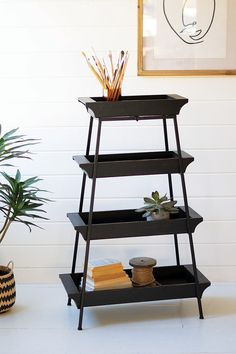 three tiered shelf with plants and books on it in front of a white wall