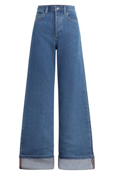 A classic indigo wash adds to the stunning, visually elongating look of floor-sweeping wide-leg jeans cut from nonstretch denim and finished with cuffed hems. 32" inseam; 24" leg opening; 12" front rise; 15 1/2" back rise (size 29) Zip fly with button closure Five-pocket style 91% cotton, 9% recycled cotton Machine wash, tumble dry Imported Jessica Day, Fran Fine, Cuffed Jeans, Favorite Daughter, Leg Cuffs, Fall Favorites, Free Fabric, Colorful Fashion, Medium Blue