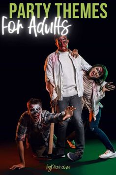 two people dressed as zombies posing for a photo with the words party themes for adults