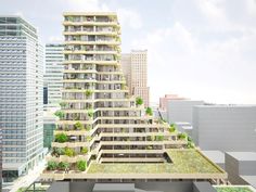 an artist's rendering of a tall building with plants growing on the top floor