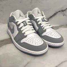 Nike Air Jordan 1 Low Womens Size: 6 Color: White/Wolf Grey Aluminum Proof Of Purchase: Nike Brand New 100 Authentic Air Jordan Grey, Baddie Shoes, Wolf Grey Jordans, Grey Jordans, Nike Shoes Air Force, Jordan Grey, Nike Air Jordan 1 Low, Outfit Streetwear, Shoe Wishlist