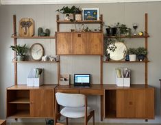 a wooden desk topped with a laptop computer next to a shelf filled with potted plants