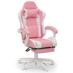 a pink and white office chair sitting on top of a desk