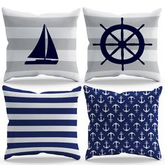 three pillows with different designs on them, one in blue and the other in white