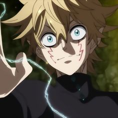 an anime character with blonde hair and blue eyes pointing to the side while holding his hand up