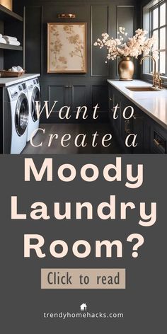 a laundry room with the words want to create a moody laundry room? click to read