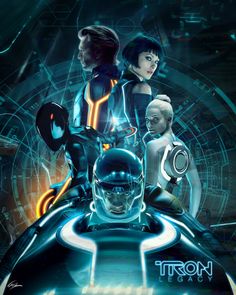 the poster for tron is shown in front of two women and one man with futuristic equipment