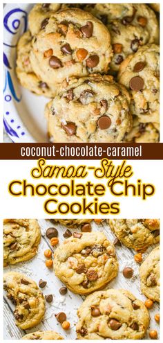 chocolate chip cookies are stacked on top of each other with the words, coconut - chocolate caramel