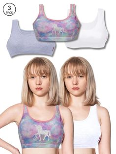 Set of 3- 1 Lavender Tie & Dye Print & 2 Basic Colors Beginners Bras F – D'chica Supportive Sports Bras, Tie Dye Print, Basic Colors