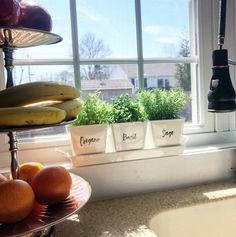 fruit is sitting on the counter in front of a window