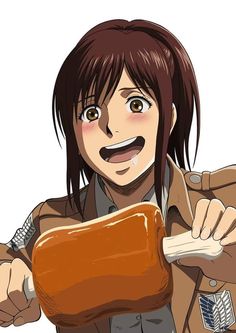 an anime character holding a large piece of food