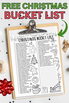 a christmas bucket list on a clipboard with the text free christmas bucket list below