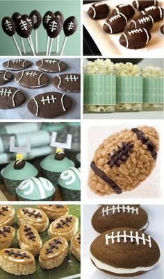 football themed desserts and treats are displayed