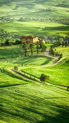 the rolling hills and fields are dotted with green grass, trees, and an old house