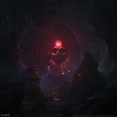 a skull in the middle of a dark cave with red light coming from it's mouth