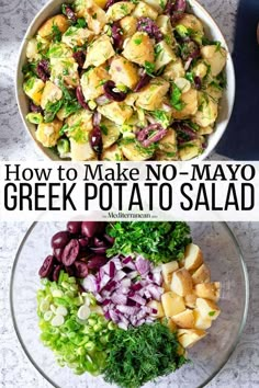 two pictures showing how to make greek potato salad with broccoli and red onions