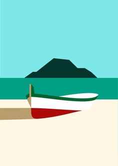 a boat sitting on top of a sandy beach next to the ocean with a mountain in the background