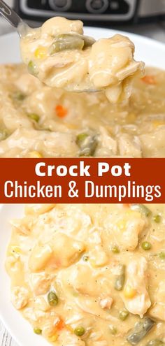 crock pot chicken and dumplings in a white bowl