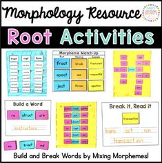 a poster with words and pictures on it that say root activities, build and break words by making morphemes