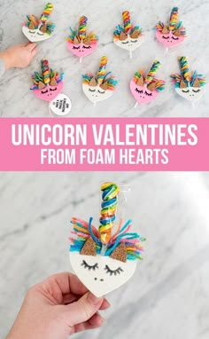 unicorn valentines made from foam hearts with text overlay that reads, unicorn valentines from foam hearts