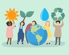 people holding up green leaves and water around the earth