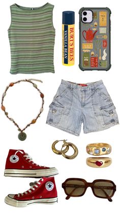 an assortment of clothing and accessories including shoes, bracelets, sunglasses, cell phone case