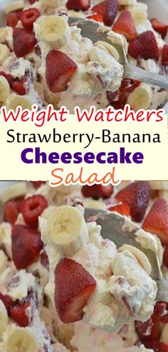 a bowl filled with strawberries and banana cheesecake salad