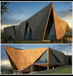 two pictures of the exterior of a building with triangular shapes and people standing outside it