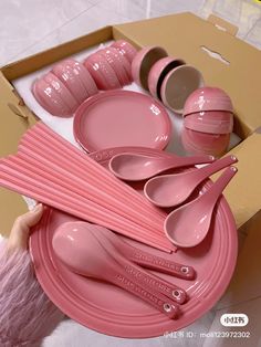 pink dinnerware set with matching utensils in box