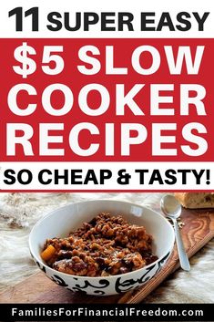 a bowl of crock pot meals with text overlay that reads, $ 5 crock pot meals so cheap & tasty