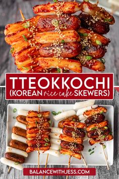 korean food is served on skewers with sesame seeds and other toppings, including meat