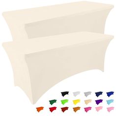 two white table covers with different colors