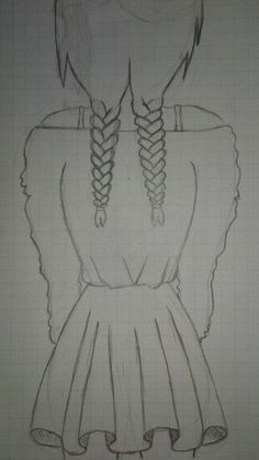 a drawing of two girls with braids on their backs, one wearing a dress