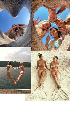 four different pictures of women in bikinis making heart shapes