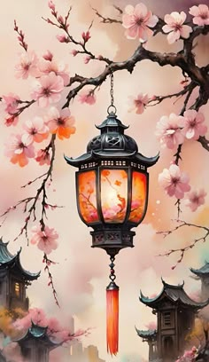 Acrylic Japanese Painting, Lantern Drawing, Cherry Blossom Pictures, Chinese Painting Flowers, Lantern Art, Japanese Lantern, Japan Painting, Beautiful Flowers Images, Japanese Art Prints