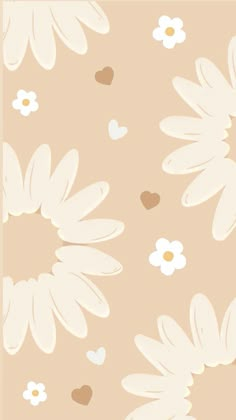 an abstract flower pattern with hearts in the center on a beige background that has white daisies and brown dots