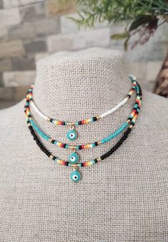 Evil Eye Beaded Choker, Serape Choker, Beach Choker, Surfer Beaded Choker, Beaded Necklace, Hippie Jewelry Bohemian Black Beaded Necklaces For Summer, Black Beaded Necklace For Vacation, Evil Eye Beaded Necklace, Beach Choker, Jewerly Beads, Beaded Necklace Diy, Hippie Jewelry, Evil Eye Bracelet, Beaded Choker