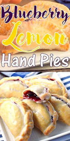 blueberry lemon hand pies on a plate with the title above it and below