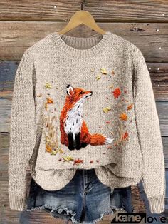 Forest Floral Fox Face Embroidery Art Cozy Knit Sweater Embroidery On Knitted Items, Embroidery Ideas Clothes, Embroidery On Knitting, Cozy Sweater Outfits, Long Sweater Jacket, Leaves Embroidery, Fox Sweater, Mode Tips, Cozy Knit Sweater