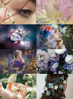 a collage of different images with flowers and butterflies on them, including the woman's face