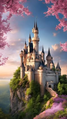 an image of a castle with pink flowers on it