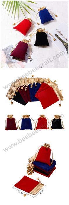 several different types of purses on display in various colors and sizes, including red, blue