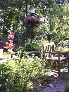 a wooden bench sitting in the middle of a garden