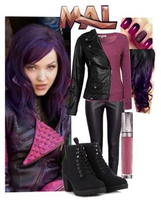 a woman with purple hair wearing black leather pants and boots