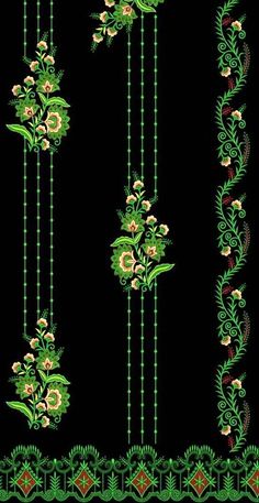 a black background with green and pink flowers on the border, along with other designs