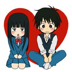 two anime characters sitting next to each other with a heart in the back ground behind them