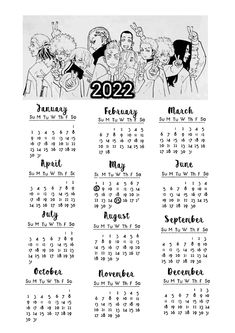 a black and white calendar with cartoon characters on it