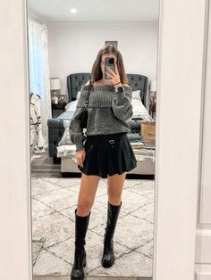 Tap on image to SHOP this look!  An off the shoulder sweater paired with a grey pleated mini skirt, knee high boots and a shoulder bag makes a cute fall outfit idea . . . Fall outfits 2024 | fall outfit inspo | fall fashion | fall shoes | fall boots 2024 | sweater and skirt outfit | fall sweater | grey sweater | gray sweater | knit sweater | skirt outfits | skirt and boots | fall skirt outfit | grey skirt | pleated mini skirt | black boots outfit | black knee high boots | tall boots outfit | falls bags | trending bags | outfit inspo | date night outfit | #outfits #outfitoftheday #falloutfitideas #sweater Skirt Black Boots Outfit, Mini Skirt Knee High Boots, Fall Skirt Outfit, Sweater And Skirt Outfit, Grey Pleated Mini Skirt, Outfit Inspo Date Night, Pointed Heels Outfit, Skirt Fall Outfit, Tall Boots Outfit