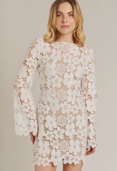 Floral lace mini dress with bell sleeves. Dress is lined. Model is wearing a size small Bell Sleeve Shift Dress, Sleeves Dress, Bell Sleeve Dress, Feminine Look, Lace Mini Dress, Lace Design, Sweater Blouse, White Mini Dress, Bell Sleeve