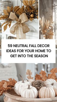 white pumpkins and pine cones with the words 39 neutral fall decor ideas for your home to get into the season